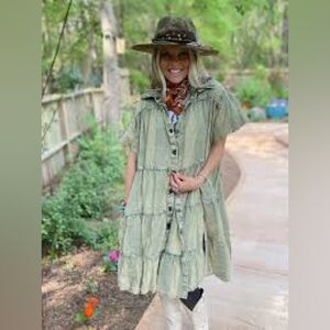 A Rare Bird Pollyanna Distressed Duster Dress Olive Lagenlook One Size NWOT